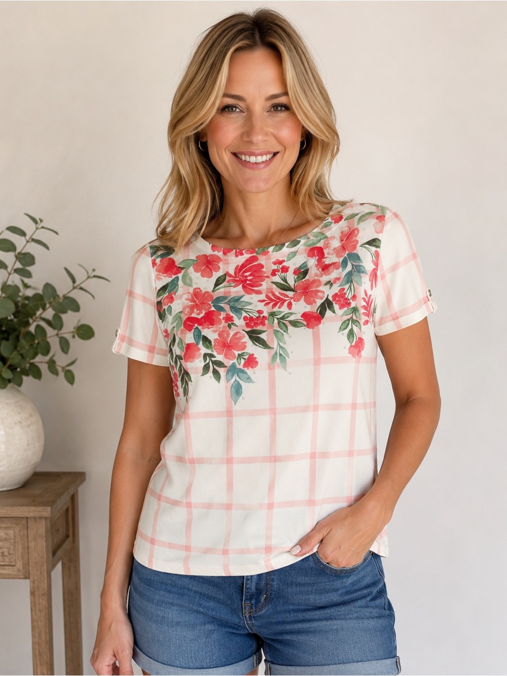 Karen Scott Cream Short Sleeve Top with Pink Plaid & Red Floral